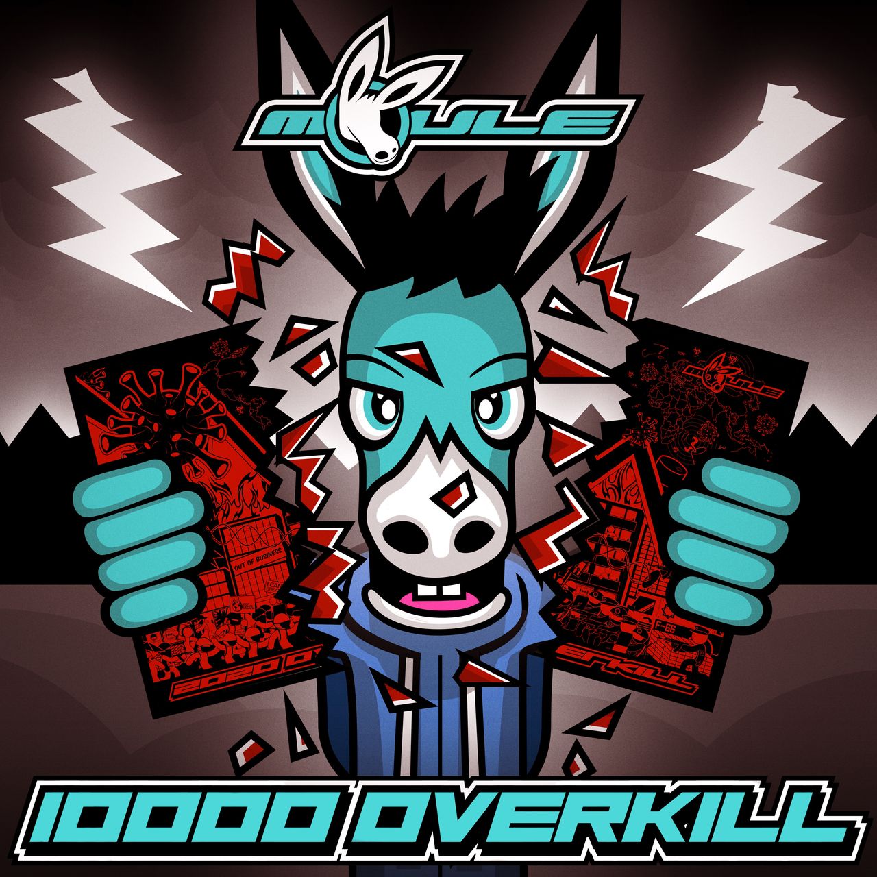 The cover artwork of 10000 OVERKILL showing MOULE the turquoise anthropomorphic blue-hoodie-wearing cartoon mule evilly grinning and snapping the cover art of his previous fastest track "2020 OVERKILL" in half in front of a stormy sky.