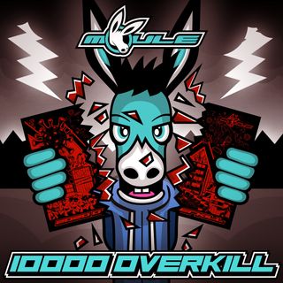 The cover artwork of 10000 OVERKILL showing MOULE the turquoise anthropomorphic blue-hoodie-wearing cartoon mule evilly grinning and snapping the cover art of his previous fastest track "2020 OVERKILL" in half in front of a stormy sky.