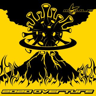 The cover artwork for 2020 OVERTURE, showing a huge virus icon erupting out of a volcano with fire below. The cover art has a black-on-yellow colour scheme and the MOULE logo is wearing a protective face mask and eye goggles.