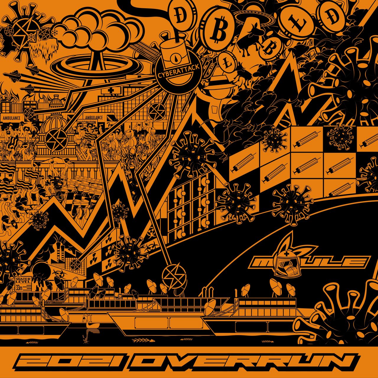 Cover art of 2021 OVERRUN, showing the events of the first half of 2021, such as the ship that got stuck in the Suez Canal, in a chaotic orange-and-black collage.