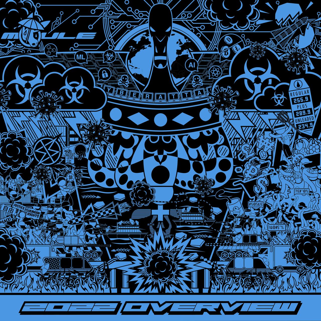 The cover artwork of 2022 OVERVIEW, showing a chaotic cartoon collage of the events of the second half of 2022 in black-and-blue colour scheme.