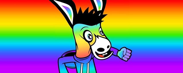 MOULE, a rainbow anthropomorphic cartoon mule with black shaggy hair and hoodie, smiling and dancing in front of a rainbow gradient background.