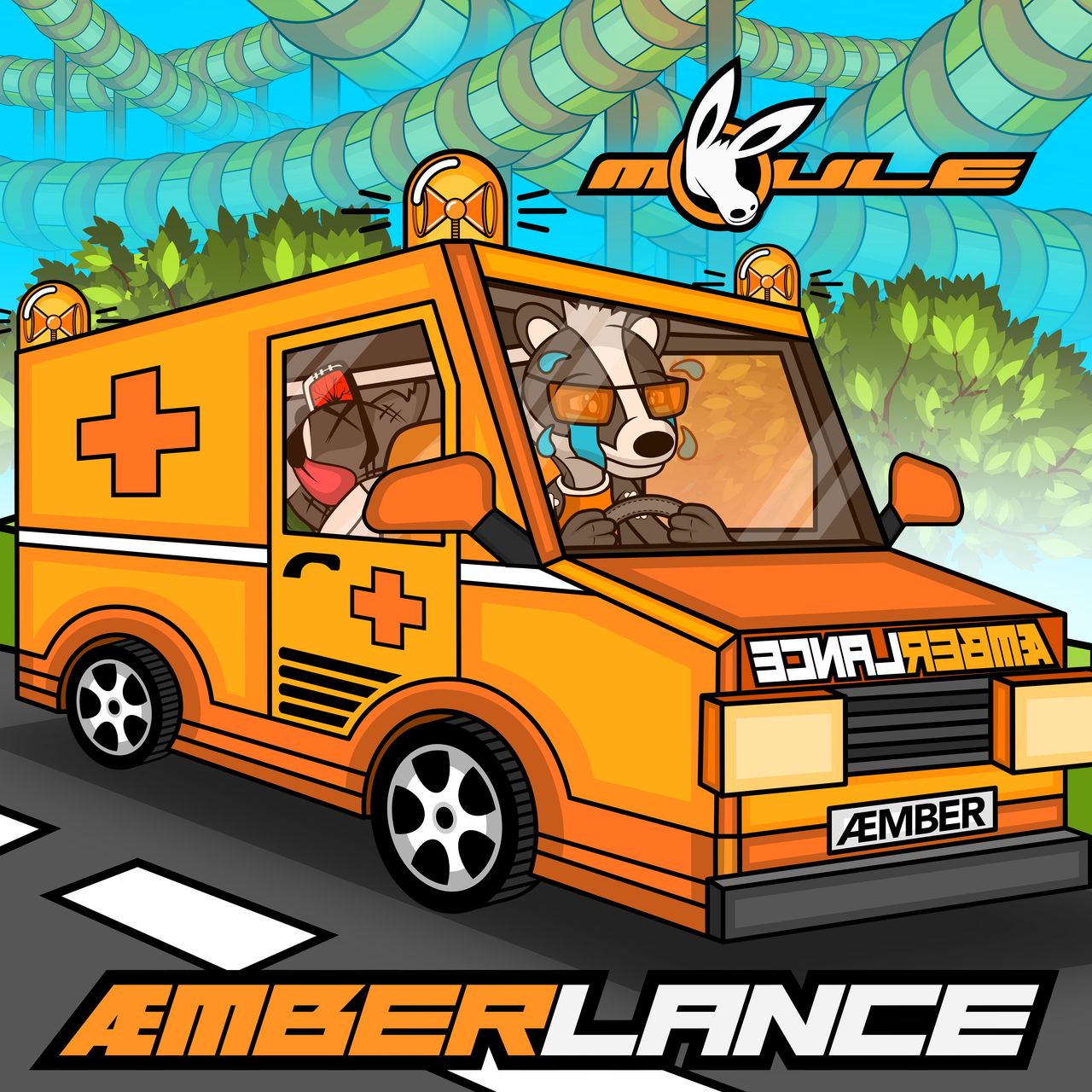 The cover artwork of Æmberlance, showing Æmber the doctor badger crying as she drives her titular amber-coloured ambulance to the hospital with an unconscious Rocky the Raccoon in the back. The background shows some waterslides.