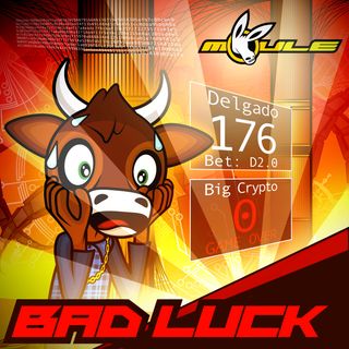 The cover artwork of Bad Luck showing Delgado the anthropomorphic cartoon bull wearing a blue plaid buttoned long-sleeved shirt and gold chain necklace, looking in horror at the Altar of Big Crypto showing he has lost. The cover artwork is mostly red, orange, and yellow.