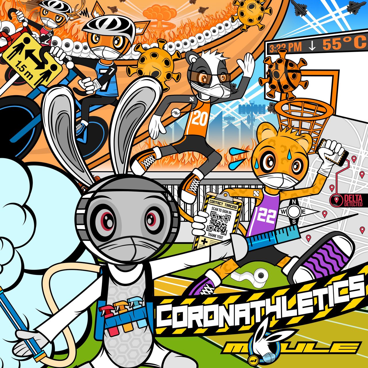 Cover art of Coronathletics showing five anthropomorphic cartoon animal characters dressed up like athletes and infection control people running, jumping, and cycling in a stadium.