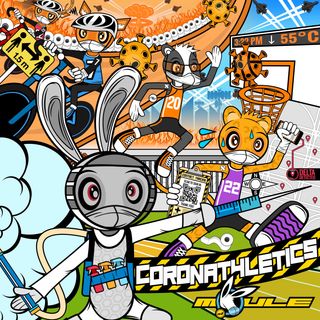 Cover art of Coronathletics showing five anthropomorphic cartoon animal characters dressed up like athletes and infection control people running, jumping, and cycling in a stadium.