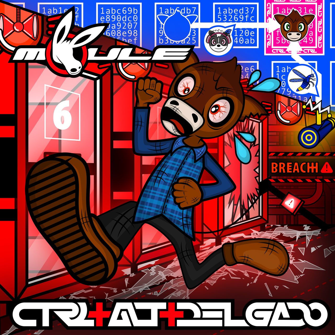 The cover artwork of CTRL+ALT+DELGADO showing Delgado the bull madly running out of his prison cell he smashed open as the environment turns red, while also showing a blockchain map showing Melody and Lampy help work to get his authentication token into an address they can control allowing him to be freed.