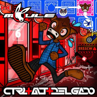 The cover artwork of CTRL+ALT+DELGADO showing Delgado the bull madly running out of his prison cell he smashed open as the environment turns red, while also showing a blockchain map showing Melody and Lampy help work to get his authentication token into an address they can control allowing him to be freed.