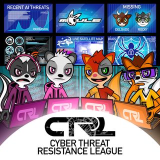 The cover artwork of Cyber Threat Resistance League, showing the anthropomorphic cartoon animal characters Melody, Mei, Oskar, and Robin at their laptops in a room with six monitors in the background with serious expressions on their faces.