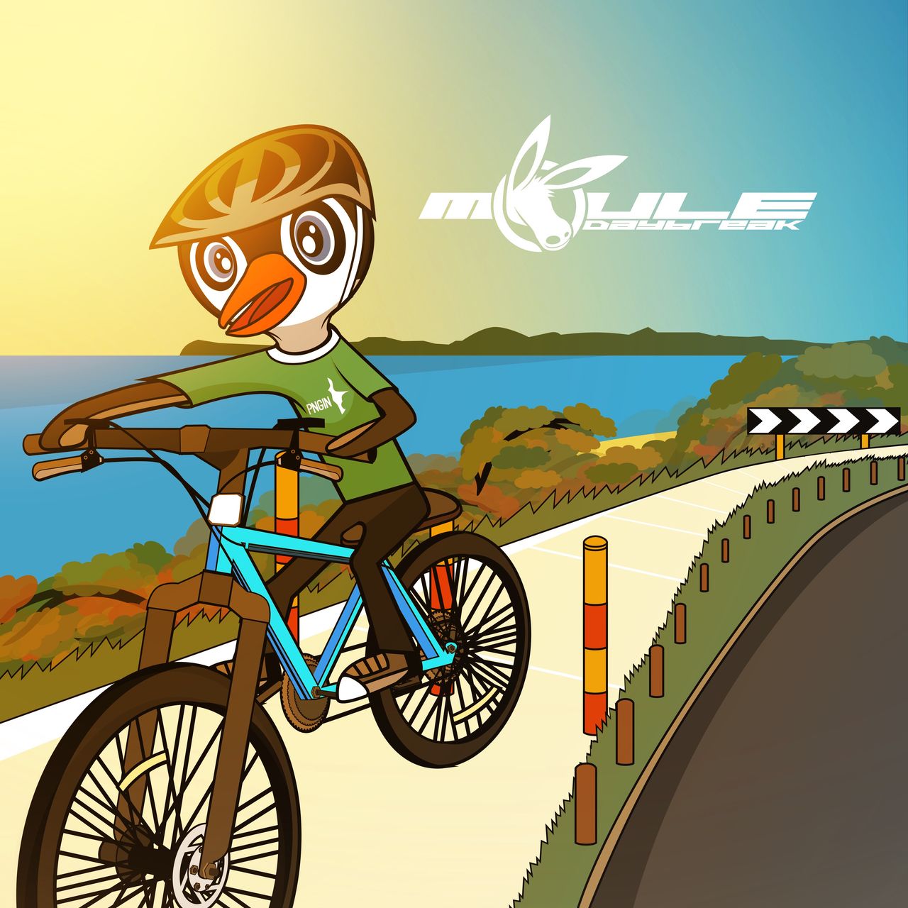 Cover art of Daybreak, showing Mersey the anthropomorphic penguin riding a bicycle next to the beach.