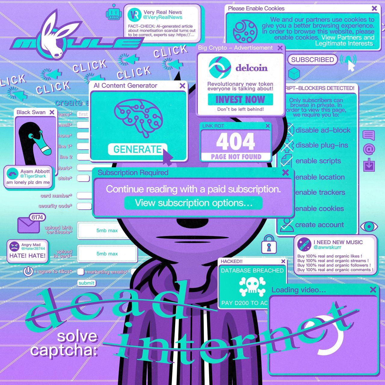 The cover artwork of Dead Internet showing Cockburn the anthropomorphic cartoon bear surrounded by online pop-ups. The cover artwork has a vapourware aesthetic and has lots of pastel purples and cyans.