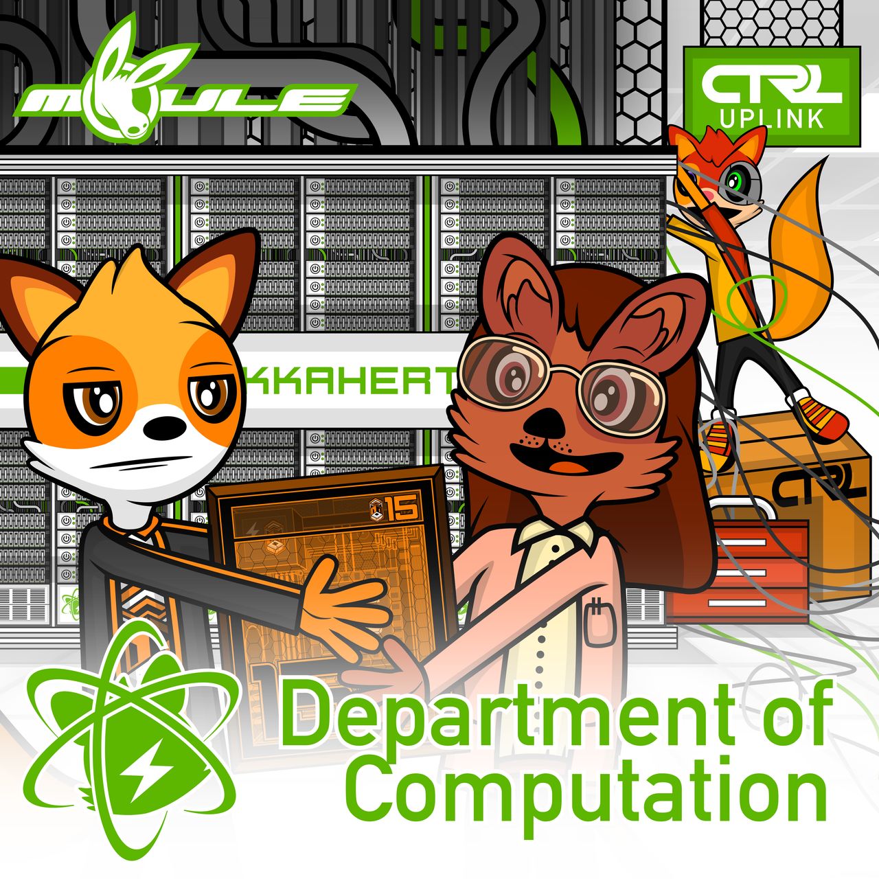 The cover artwork of Department of Computation showing Strattzr giving Catherine his gaming computer, while Oskar works on the Quokkahertz supercomputer in the background.