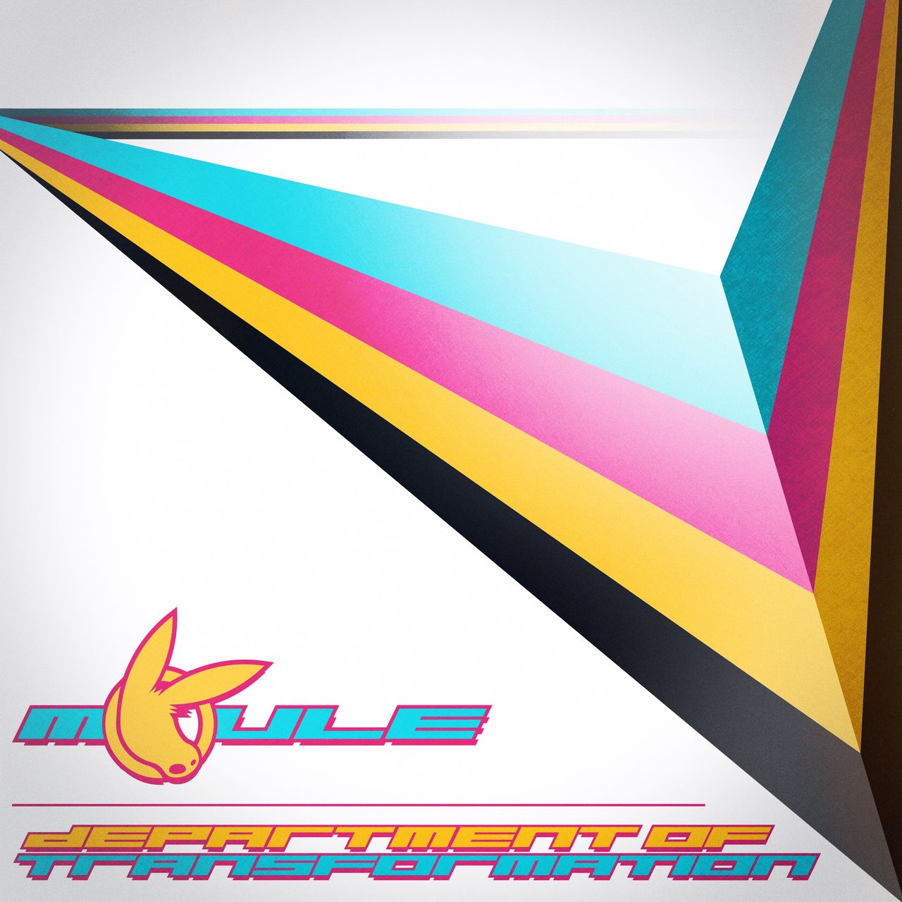 The cover artwork for Department of Transformation showing a CMYK ribbon bouncing off the leftmost part in the background, and towards the rightmost part in the foreground, of the cover artwork respectively in front of a white background.