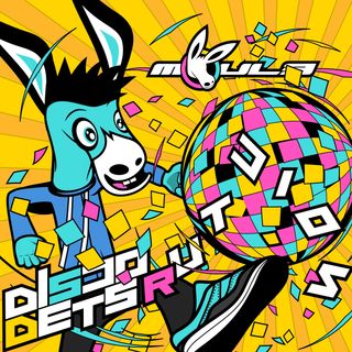 The cover artwork of Diso Destrutcoin, showing MOULE the anthropomorphic cartoon mule wearing a blue hoodie and grey pants and blue shoes, kicking a CMYK-patterned disco ball to pieces against s yellow background.