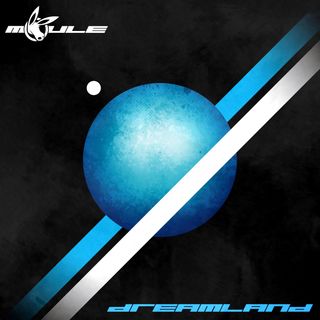 The cover artwork of Dreamland, showing a blue and white diagonal line holding a blue sphere between them with a small white orb to the big blue sphere's upper-left against a smoky black background.