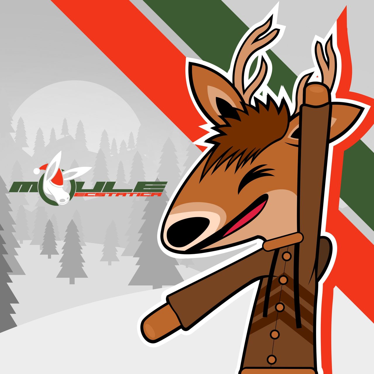 The cover artwork of Ecstatica, showing the titular anthropomorphic cartoon reindeer wearing a brown hoodie dancing in fronton a snowy white forest with red and green diagonal stripes in the upper-right corner behind her.