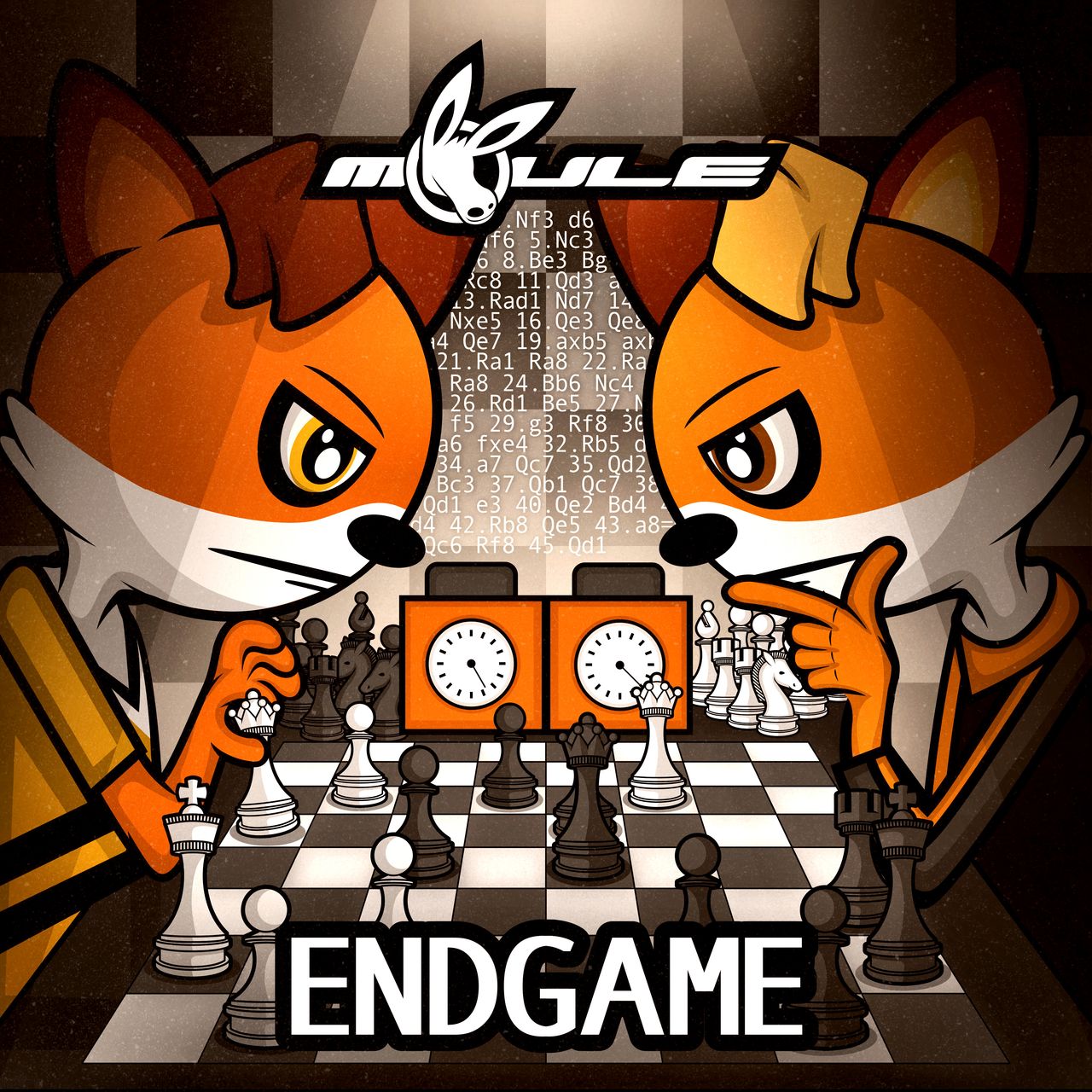 The cover artwork of Endgame showing the two foxes Robin and Strattzr playing chess.