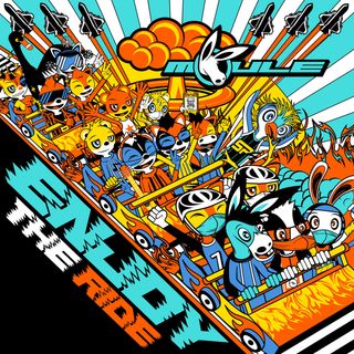 The cover artwork for the Enjoy the Ride album, showing numerous MOULE WORLD anthropomorphic cartoon animal characters excitedly riding down a roller coaster as explosions and warplanes are seen inthe background. The cover artwork is colour-schemed yellow, orange, light blue, dark blue, black, and white.