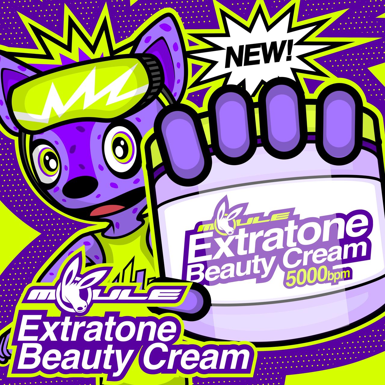 The cover artwork of Extratone Beauty Cream, styled like an exciting advertisement for a new product, showing Hyper Hyena holding the titular cream. The cover art has a bold colour scheme of purple, white, and lime green.