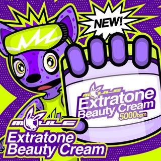 The cover artwork of Extratone Beauty Cream, styled like an exciting advertisement for a new product, showing Hyper Hyena holding the titular cream. The cover art has a bold colour scheme of purple, white, and lime green.