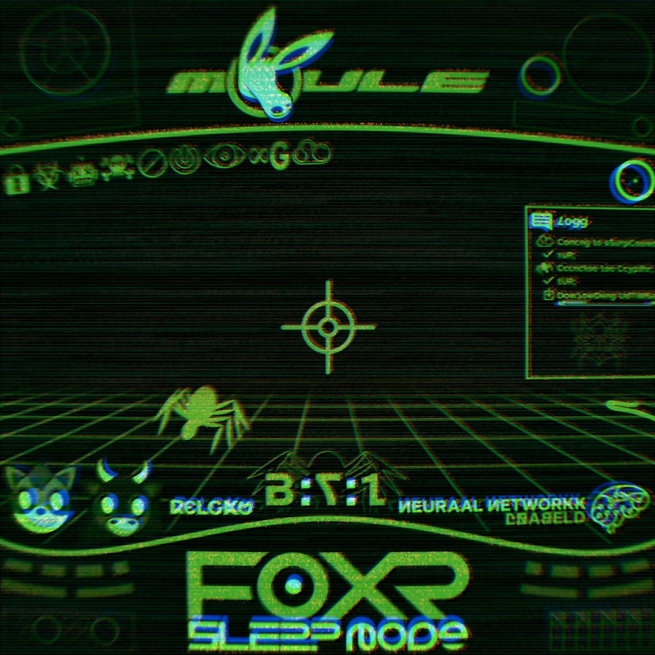 The cover artwork of FOXR Sleep Mode showing a slightly glitchy black and green user interface of a FOXR headset with bugs crawling all over a green grid.