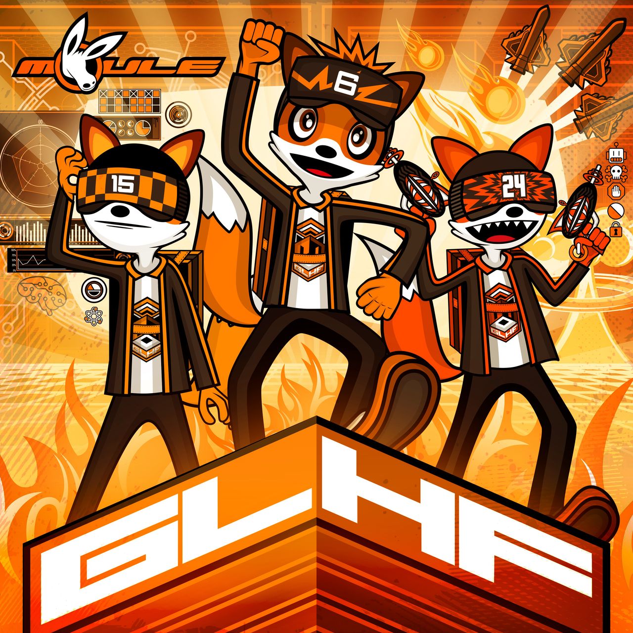 The cover artwork I made for my album GLHF. It shows three anthropomorphic cartoon foxes standing and wearing open dark grey vests fringed with orange, showing white t-shirts underneath with the GLHF hexagonal fox face logo, and black pants. They stand on a giant block with "GLHF" in block font written across it. From left-to-right – Strattzr, OpDaMyZr, and PWNZR (pronounced "pone-zur") respectively – they all wear different-patterned headsets with the numbers 15, 6, and 24 on them respectively. Strattzr thinks deeply while adjusts his headset standing in front of data graphs. OpDaMyZr jumps happily punching the air with his right fist. PWNZR excitedly brandishes two ray guns in front of explosions, fireballs, and warplanes. Behind them all is an orange background showing computer circuitry with rays of light coming from the middle and a row of fire below that. The GLHF hexagonal fox face logo appears again, next to the left and right sides of the album, with "GLHF Album" written below in slanted square blocky orange-and-white font outlined with black. The background is a faded, glitchier version of the cover artwork.