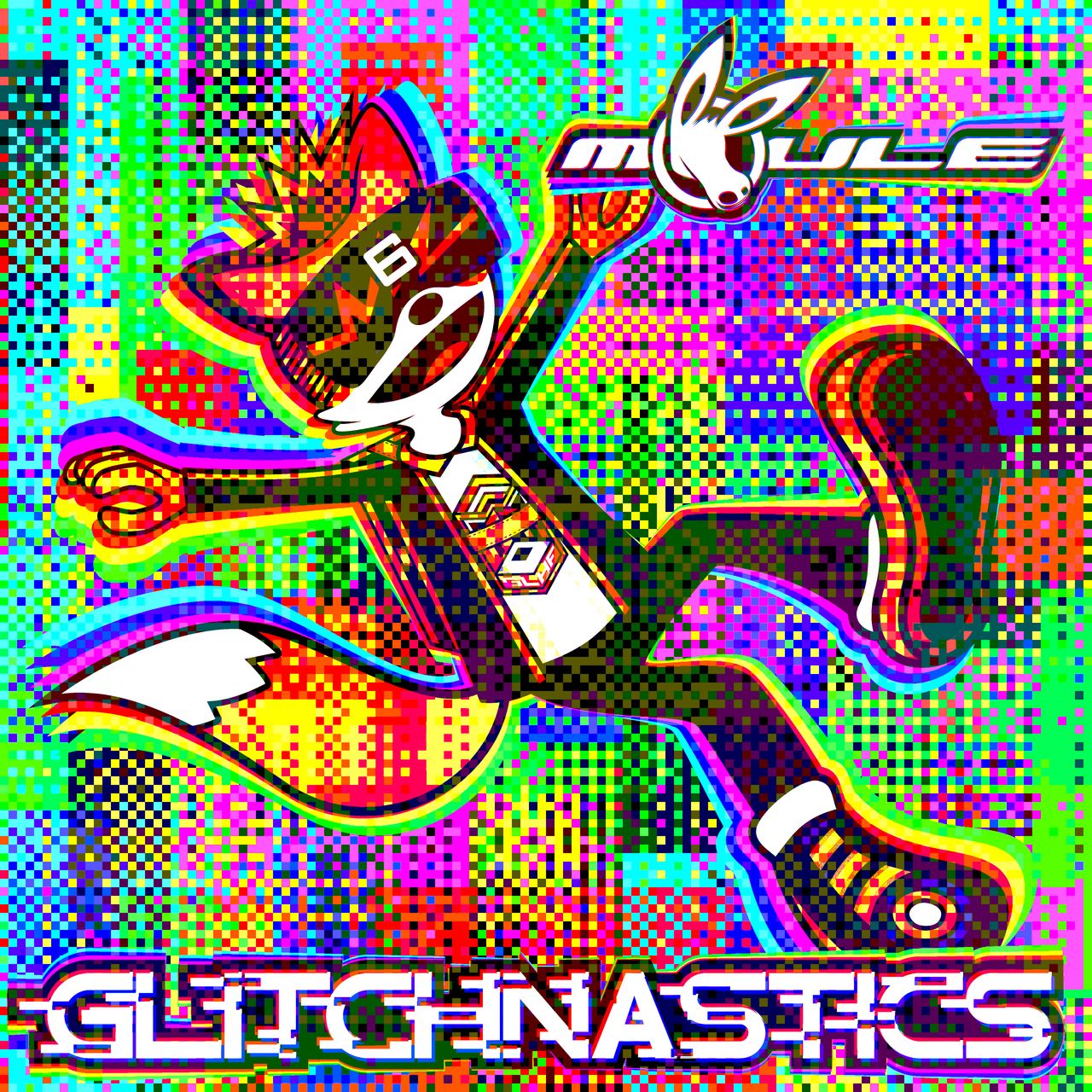 The cover artwork of Glitchnastics showing OpDaMyZr the fox falling backwards into a glitchy colourful pixelated background.