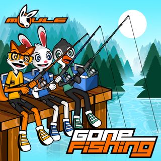 The cover artwork of Gone Fishing showing Robin the fox, Robert the rabbit, and Mersey the penguin, the latter teaching them how to fish on a dock by a lake.