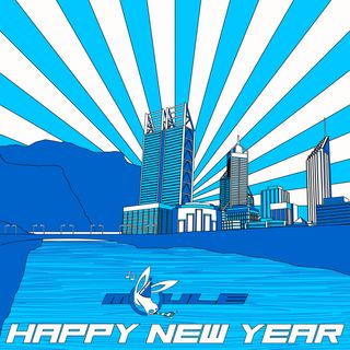 The cover artwork of Happy New Year, pop-art style art showing the Swan River and City of Perth, Australia with light blue, dark blue, an d white colour scheme as sunrays shine behind the city.