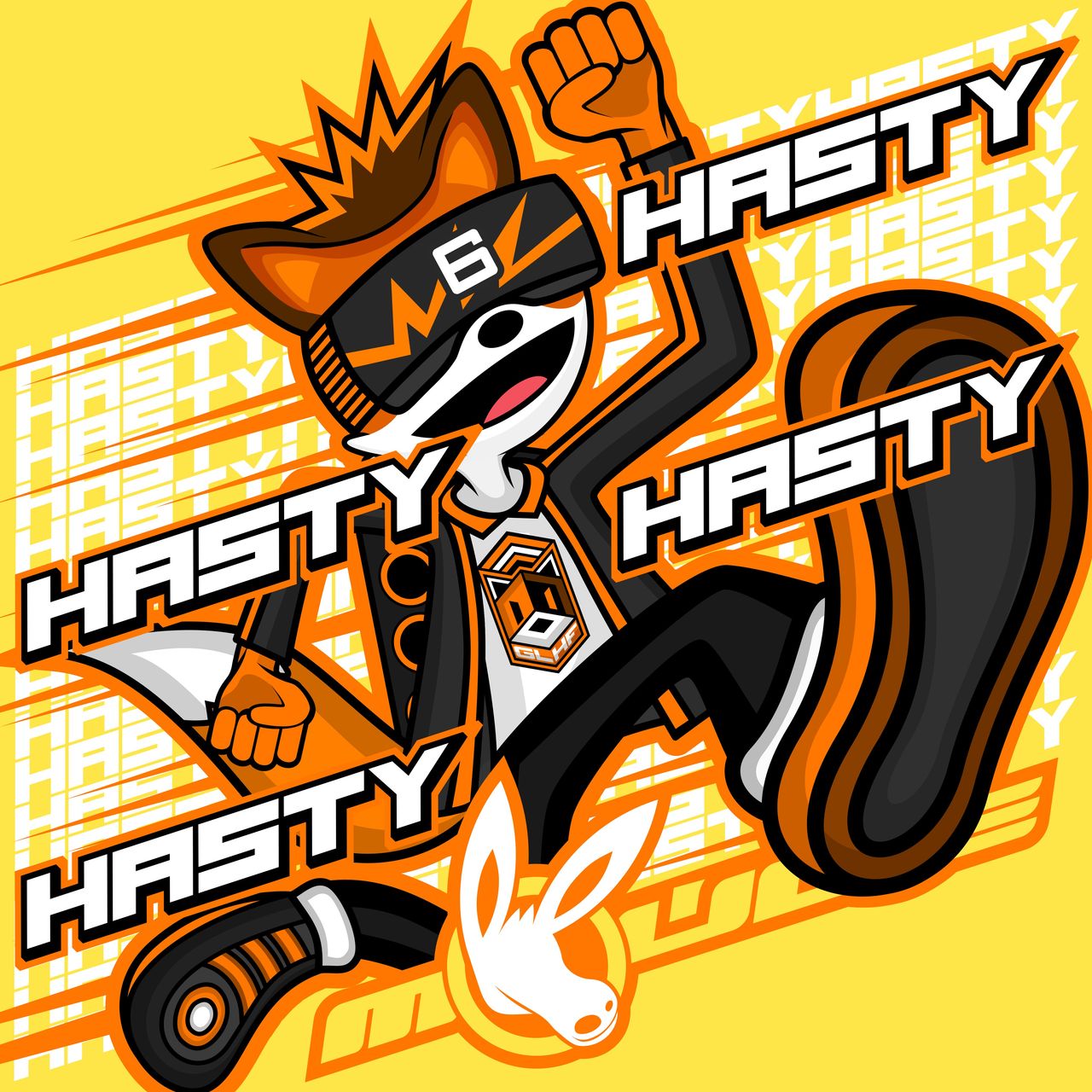 The cover artwork of HASTY HASTY HASTY HASTY showing OpDaMyZr the fox running excitedly and jumping over the MOULE logo as the words "HASTY" surround him and the yellow background.