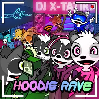 The cover artwork of Hoodie Rave, showing numerous anthropomorphic cartoon animal characters all wearing hoodies dancing at a rave, taken from the perspective of Mei the panda's selfie camera.