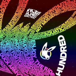 The cover artwork of Hundred, showing the MOULE logo, a mule's head sticking out of a circle, rainbow-coloured and made up of the titles of all the MOULE releases leading up to itself.