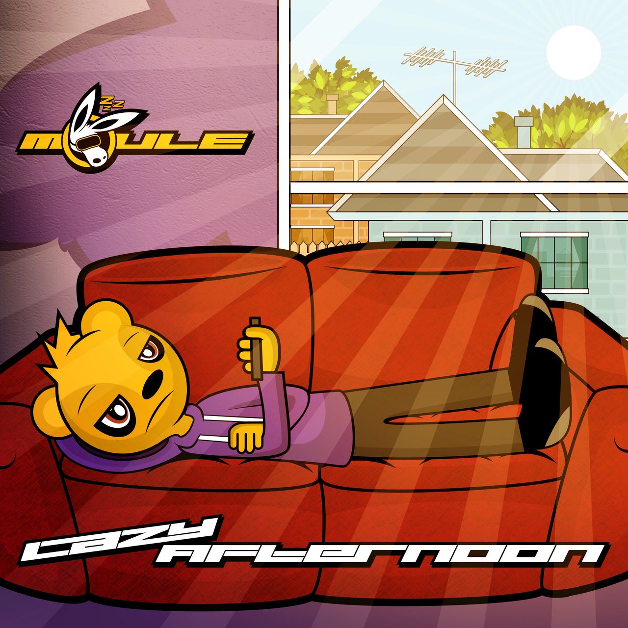 Cover art of Lazy Afternoon, showing Cockburn the anthropomorphic cartoon bear with blue hoodie and dark grey tracksuit pants and black socks, lounging on red couch in a purple room beneath a window with houses visible and sunlight shining through. Cockburn indifferently scrolls his phone.