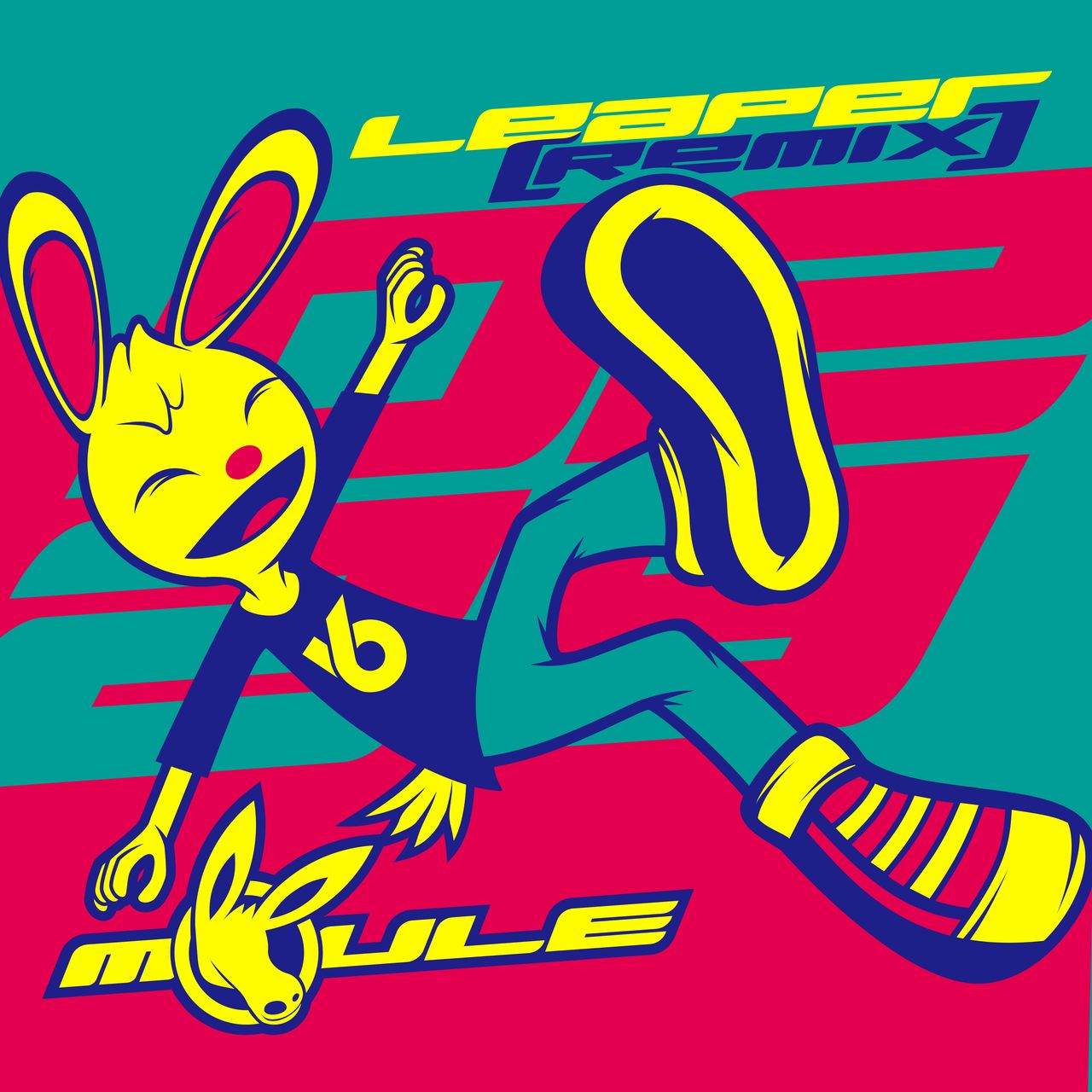 The cover artwork of Leaper (Remix) showing Robert the rabbit jumping in front of the date February 29. The cover art is colour-shamed red, yellow, teal, and dark blue.