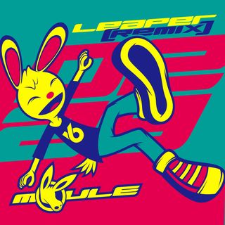 The cover artwork of Leaper (Remix) showing Robert the rabbit jumping in front of the date February 29. The cover art is colour-shamed red, yellow, teal, and dark blue.