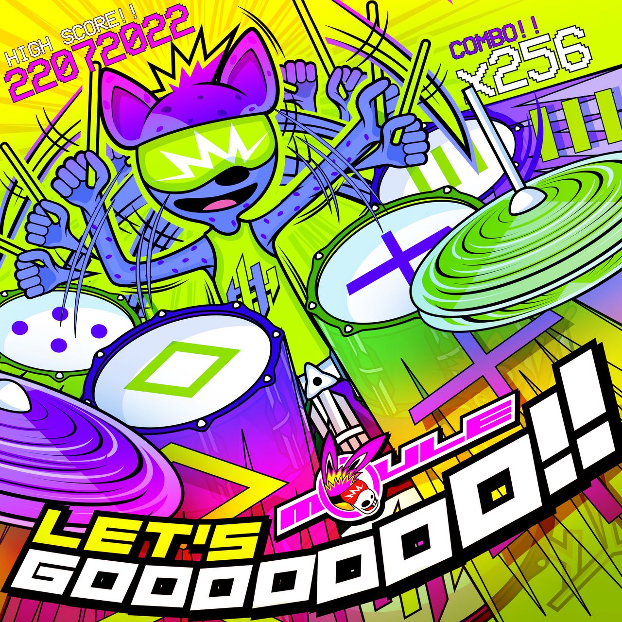 Cover art of LET'S GOOOOOOO!!, showing Hyper Hyena the anthropomorphic cartoon purple hyena with lime green visor and tank top, excitedly drumming on her drums to a rhythm game. The cover artwork is mostly purple and green and has a chaotic vibe to it.