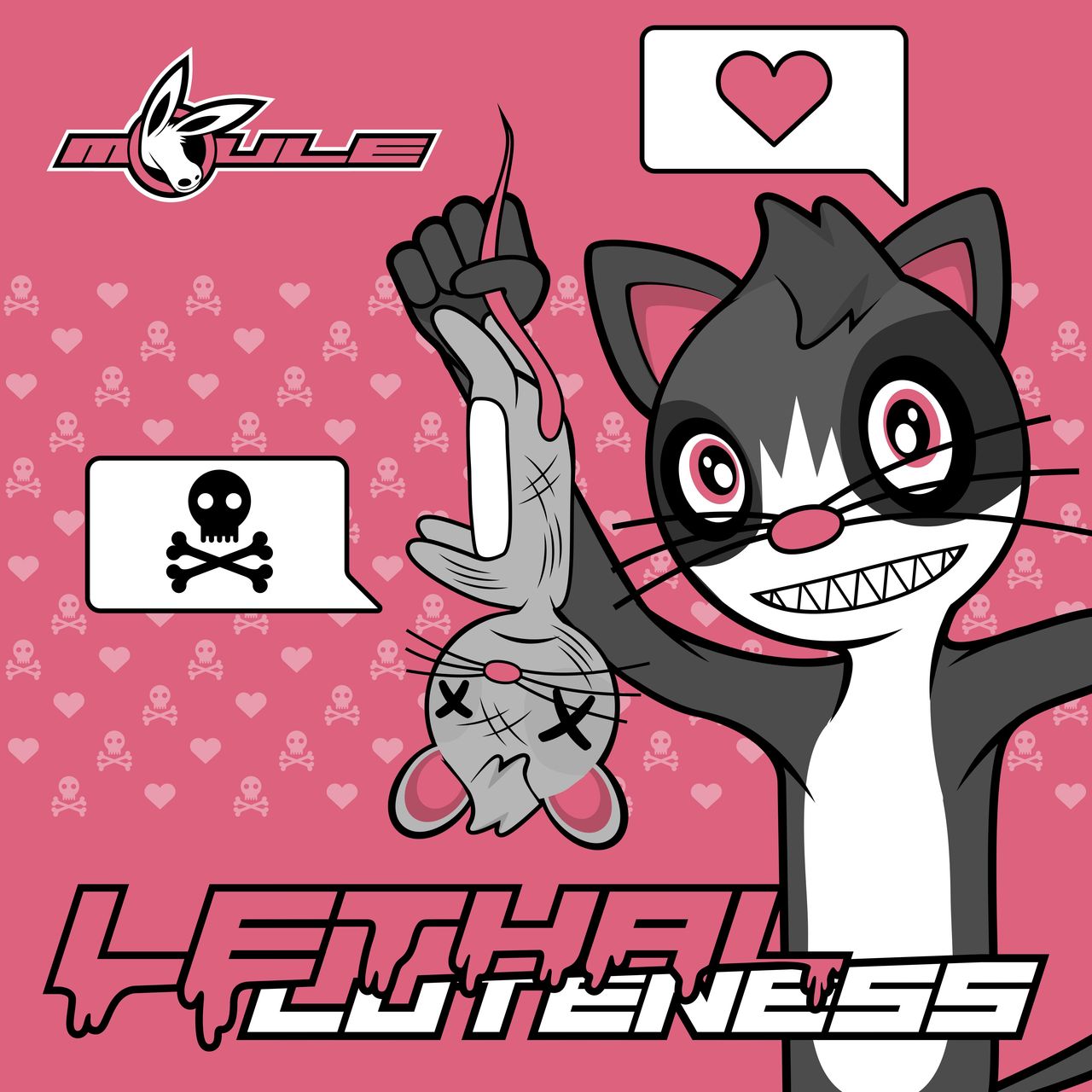 The cover artwork of Lethal Cuteness, showing Amanda the anthropomorphic dark-grey-and-white tuxedo cat grinning holding a dead mouse in front of a pink background.