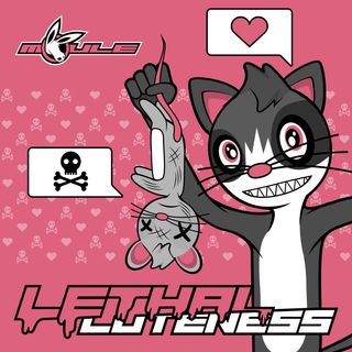 The cover artwork of Lethal Cuteness, showing Amanda the anthropomorphic dark-grey-and-white tuxedo cat grinning holding a dead mouse in front of a pink background.