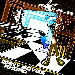 The cover artwork of Many Moves Ahead showing Strattzr the fox using his FOXR VR headset to envision himself a few squares ahead on a checkerboard-patterned zig-zag path, with computer circuitry in the background.