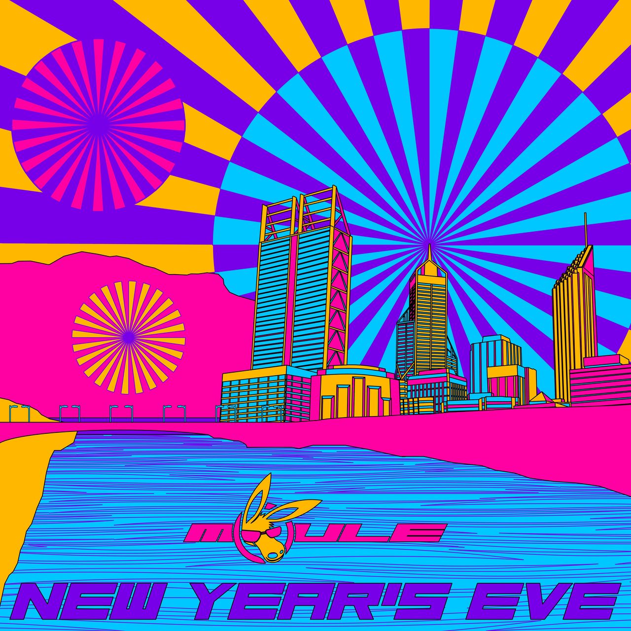 The cover artwork of New Year's Eve, pop art showing the Swan River and the City of Perth in pop-art style with yellow, pink, light blue and purple colour scheme as fireworks explode colourful rays in the sky above it.