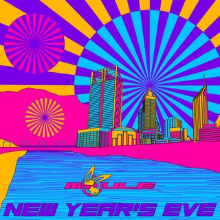 The cover artwork of New Year's Eve, pop art showing the Swan River and the City of Perth in pop-art style with yellow, pink, light blue and purple colour scheme as fireworks explode colourful rays in the sky above it.