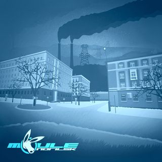 The cover artwork of Norilsk, showing a roundabout and four buildings in the titular Arctic city stylised as vector art. The cover artwork has a frosty cold faint blue aura. Two smoke stacks and power lines can be seen in t he background.