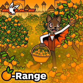 The cover artwork of O-Range showing Count Chiroptera, an anthropomorphic cartoon bat dressed like a vampire, happily picking oranges from his titular orchard.