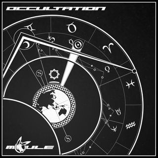 The cover artwork of Occultation showing an astrological chart and planetary configurations opposite a black background with Earth in the centre.