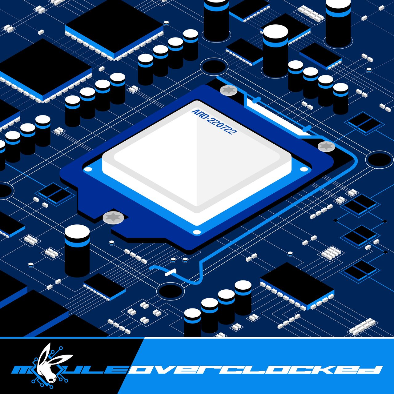 The cover artwork of Overclocked showing an exposed CPU on a blue motherboard surrounded by chips and capacitors.