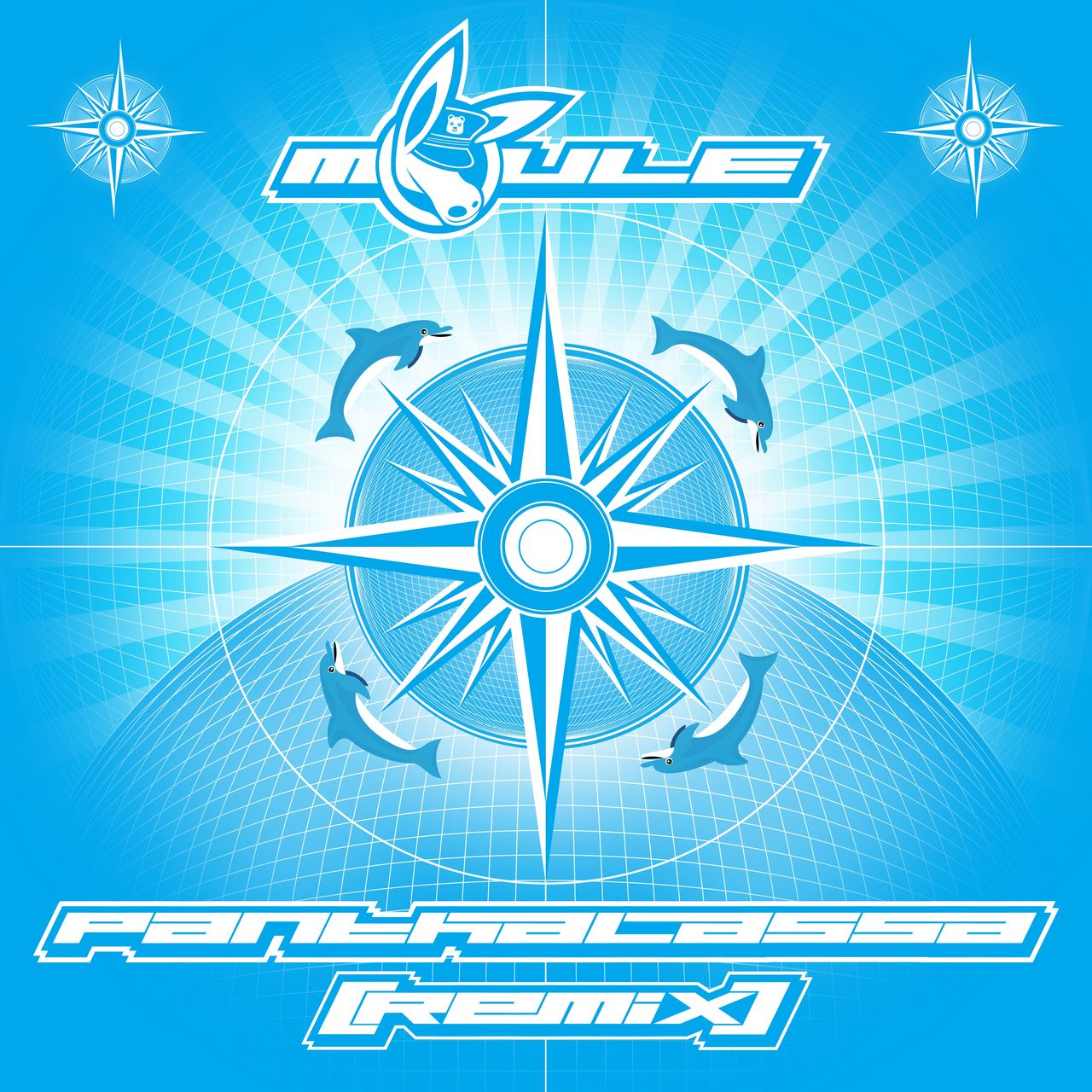 Cover art of Panthalassa (Remix) a mostly light blue cover artwork showing four dolphins jumping over a 16-pointed compass in the centre.