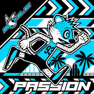 Cover art of Passion, a blue, white and black colour-schemed artwork showing William the anthropomorphic cartoon athlete cheetah happily running towards the right of the image.