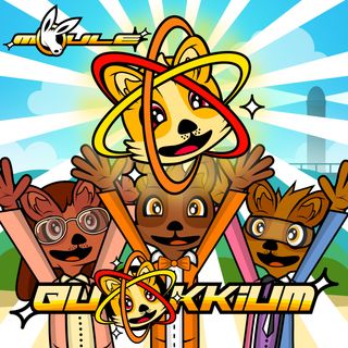 The cover artwork of Quokkium, showing Catherine, Armstrong, and Geordie, three anthropomorphic cartoon quokkas wearing lab coats, looking up at a Quokkium atom as a golden smiling quokka head within three atomic bands.