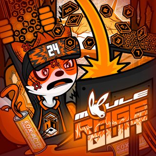 The cover artwork of Rage Quit showing PWNZR the anthropomorphic cartoon gamer fox angrily smashing his keyboard against his monitor while keys fly everywhere, and spilling his energy drunk all over his desk.