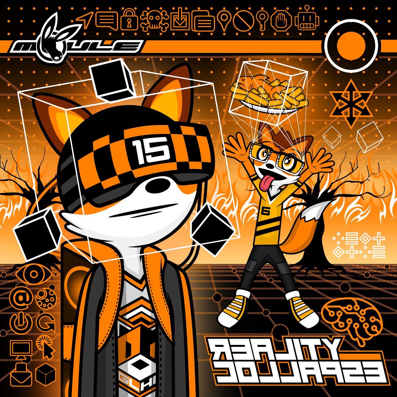 The cover artwork of Reality Collapse, showing two anthropomorphic cartoon foxes in an orange-and-black virtual reality world on fire.